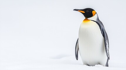 Fototapeta premium A solitary emperor penguin stands on a snowy landscape, showcasing its distinctive features.