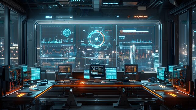 The photo showcases a dynamic office desk with futuristic gadgets, glowing digital charts hovering above, sleek metallic and glass elements, and a minimalist yet powerful layout, Photography, National