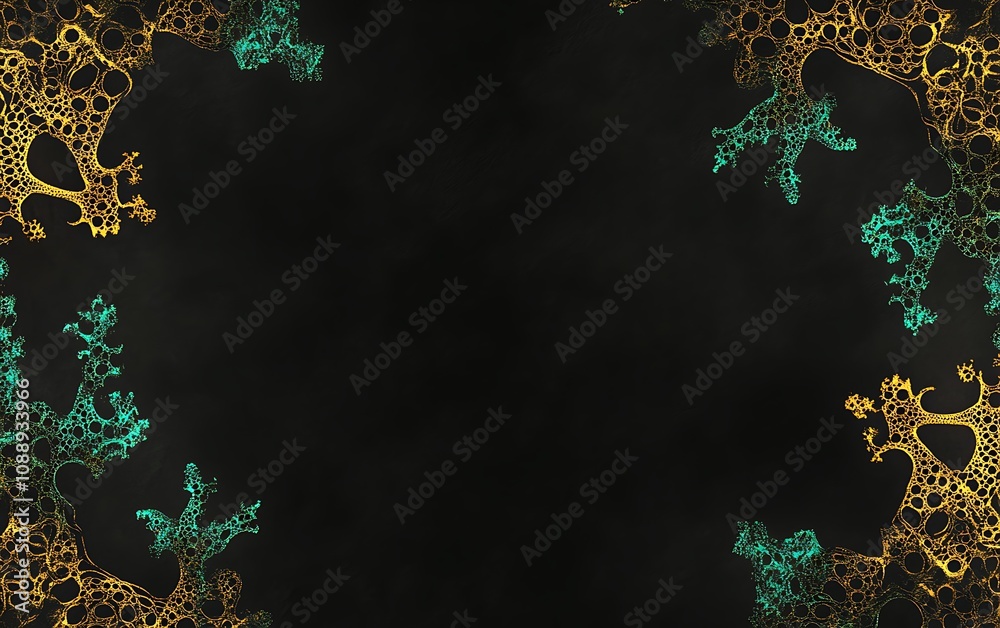 Poster abstract background with teal and gold fractal designs framing a dark center.