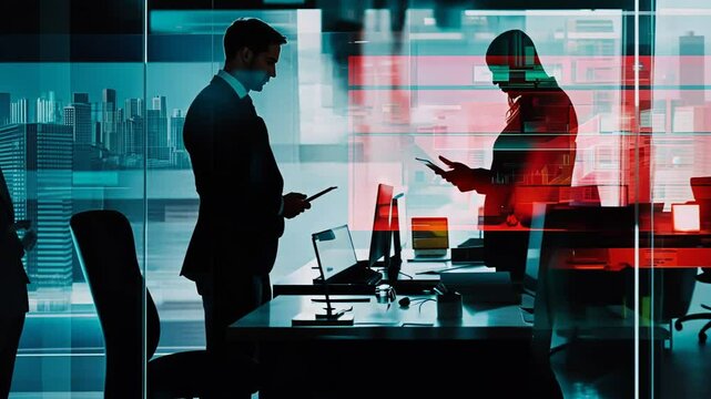 Silhouette of a business men Enjoying Dinner at a Cafe Table with Laptop and Drinks