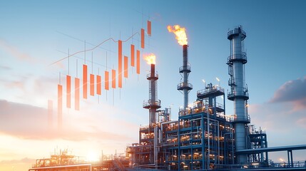 Industrial growth trends oil and gas sector analysis urban landscape infographic sunset view