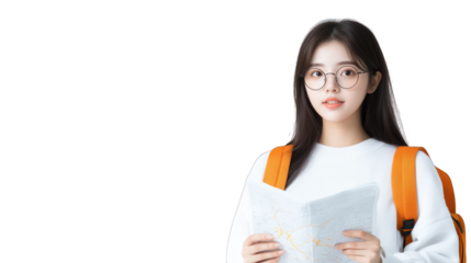 A young woman with glasses holding a book, wearing a backpack. Transparent background.