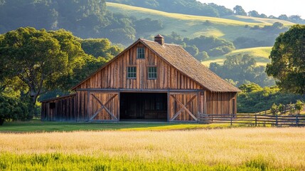 Fototapeta premium Rustic farmhouse with barn doors, large wooden porch, rolling hills background