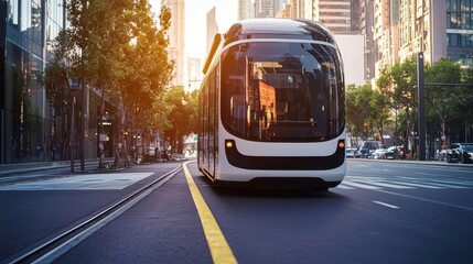 Fototapeta premium A modern tram travels along a city street, surrounded by tall buildings and trees, bathed in warm sunlight.