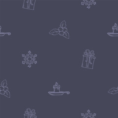 Fototapeta premium Christmas and New Year seamless pattern with snowflake, mistletoe, gift and candle. Dark background with light pattern for design, decoration, wrapping paper, print