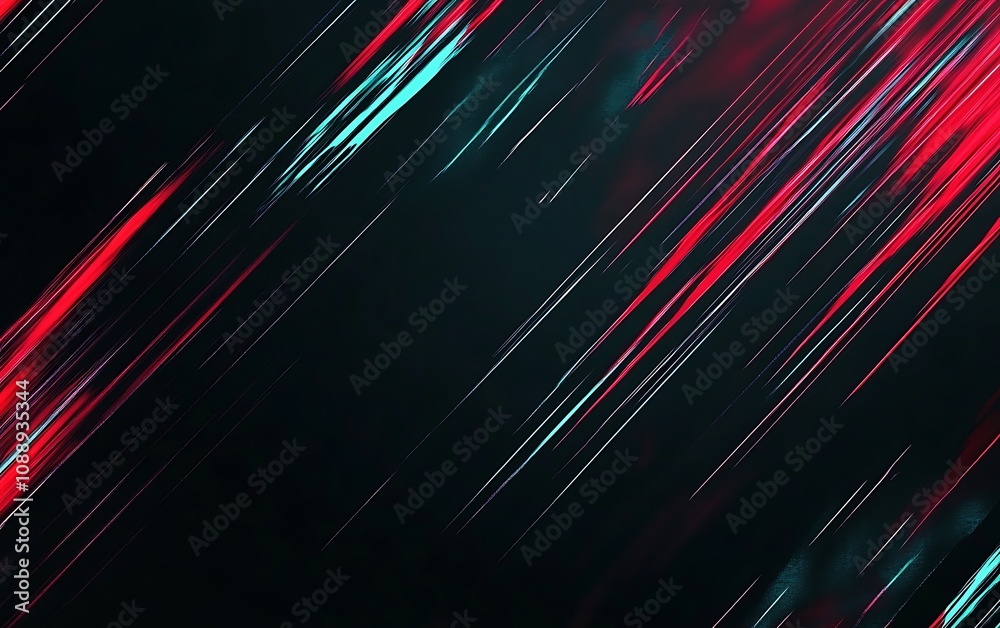 Poster Abstract diagonal lines in red and cyan on black background.
