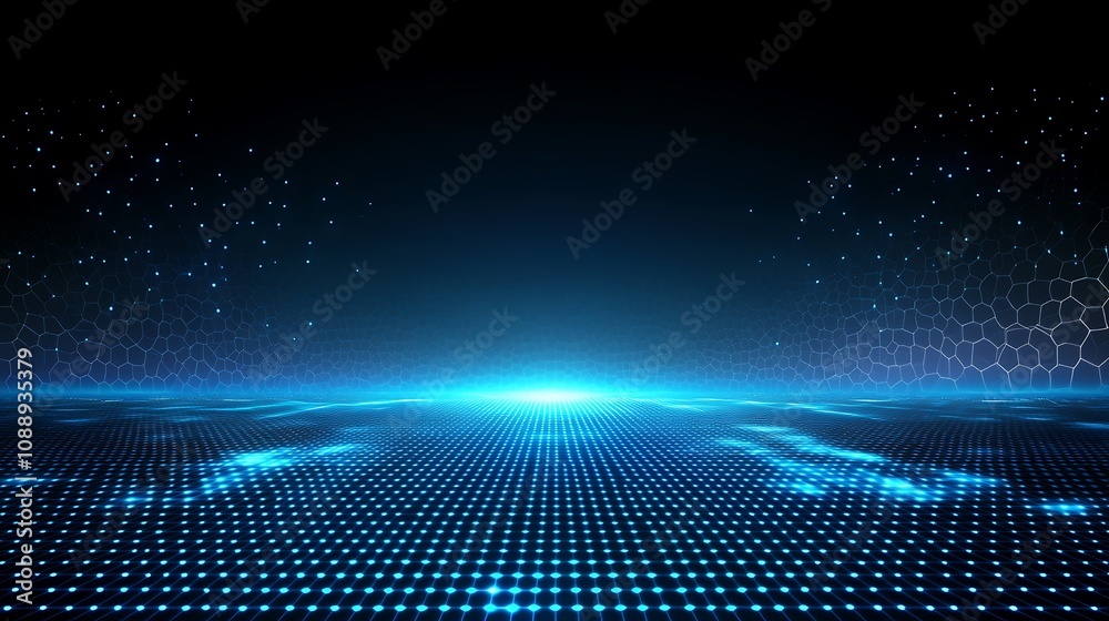 Poster Abstract blue digital grid landscape with glowing particles and hexagonal patterns.