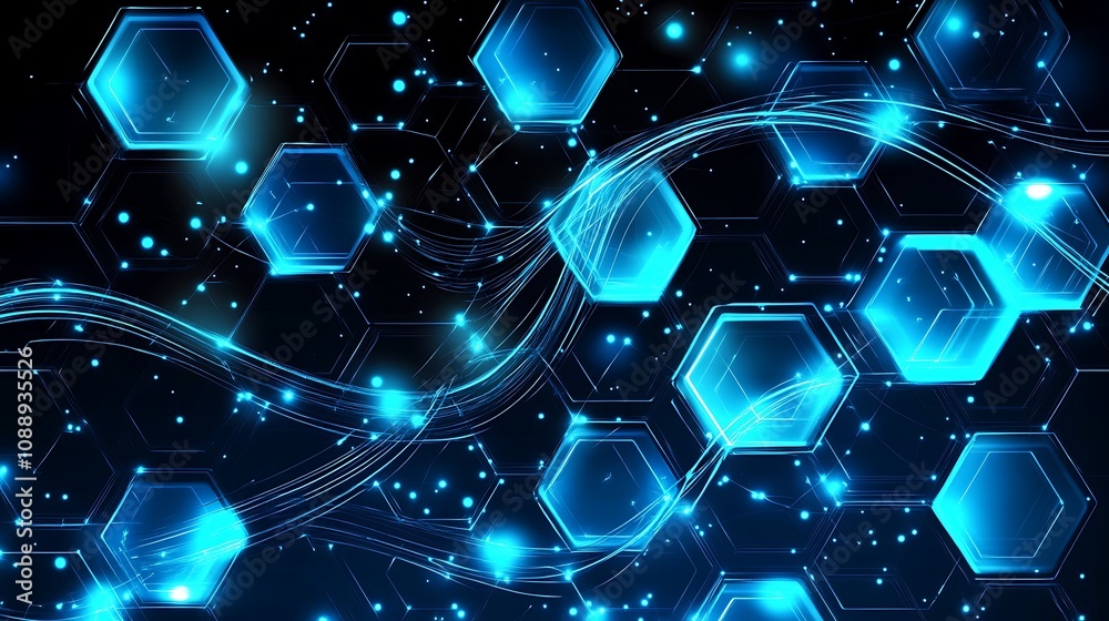 Poster abstract blue glowing hexagons and lines on dark background.