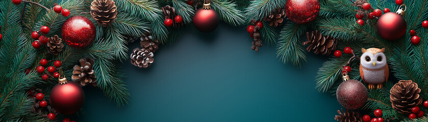 Festive wreath made of pine branches, with an owl nestled in the center among ornaments and berries