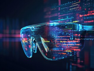 Futuristic smart glasses display vibrant data streams, symbolizing the intersection of technology and vision in modern innovation.
