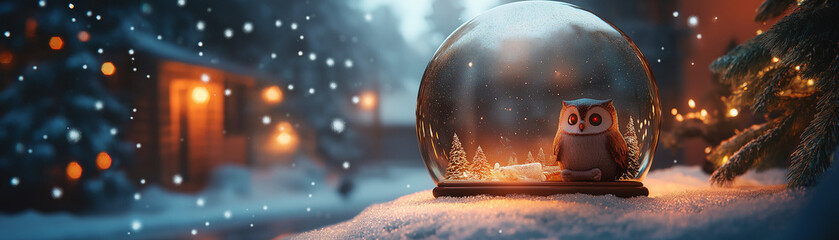 Magical snow globe featuring a cozy owl scene with falling snow