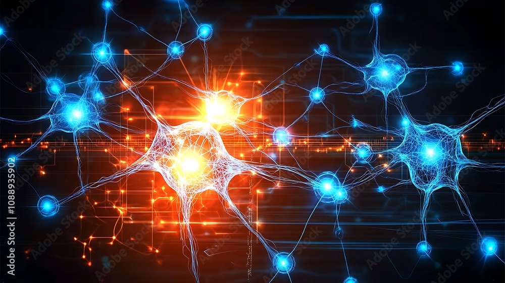 Fototapete Abstract neural network illustration showing interconnected neurons with glowing nodes and lines.