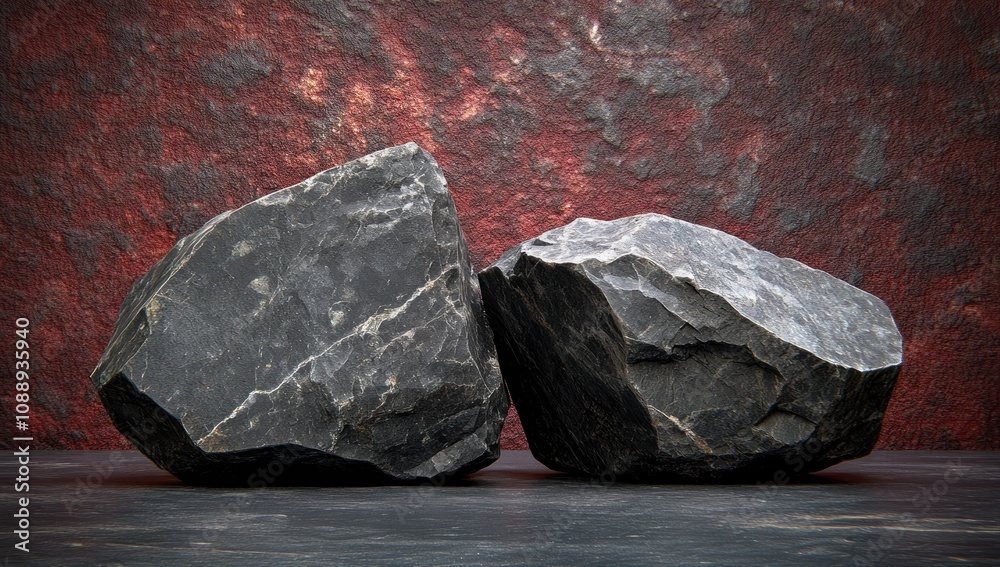 Poster two large dark rocks positioned closely against a textured background.