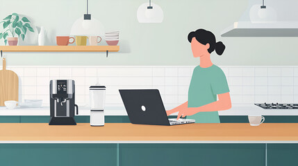Remote employee standing while working on a laptop on a kitchen counter coffee maker in the background