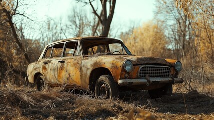 Fototapeta premium Rusty abandoned vintage car in overgrown field during autumn with bare trees in the background and dry grass surrounding the vehicle.