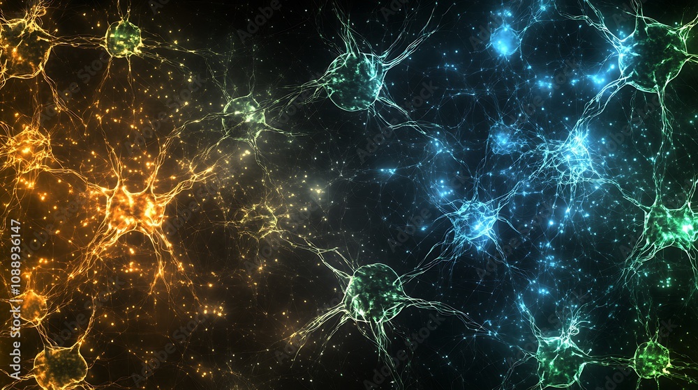 Poster abstract neural network visualization with glowing neurons and connections.