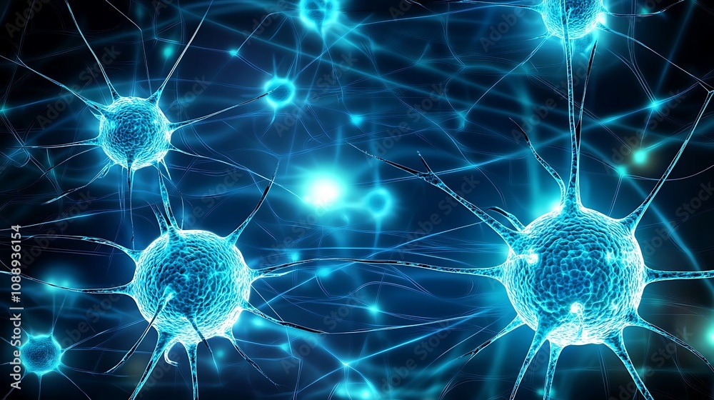 Poster microscopic view of interconnected neurons, synapses firing, neural network, brain cells, glowing bl