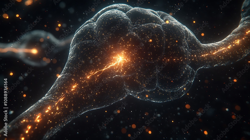 Poster microscopic view of a neuron firing, showcasing intricate details and bright energy.