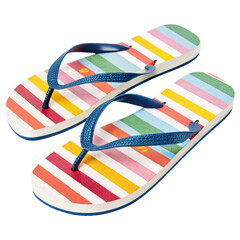 Multi-colored striped flip-flops with vibrant hues of red, orange, yellow, green, and blue. Designed with navy blue straps for a bold look, set against a transparent background