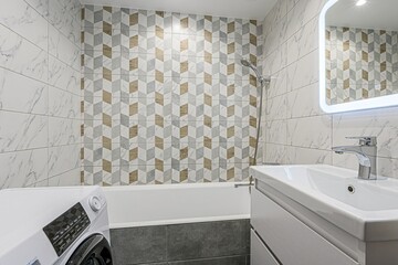 interior apartment room bathroom, sink, decorative elements, toilet. WC, sanitary unit, wash room