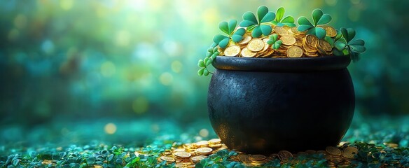 a whimsical black pot brimming with shimmering gold coins and lush shamrock leaves set against a vibrant green abstract background celebrating the spirit of st patricks day