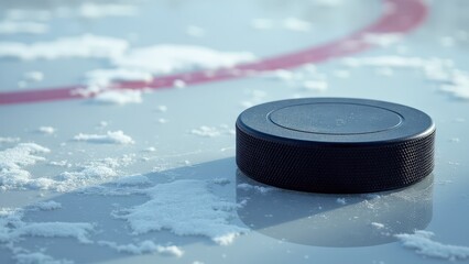 A sleek close-up puck mockup showcasing a black puck resting on a reflective ice surface under soft, cool lighting.