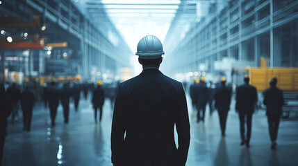 A factory manager wearing a hard hat in a bustling industrial facility, symbolizing leadership and workforce organization.