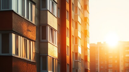 Sunset glimmers on modern apartment buildings in an urban setting during evening hours