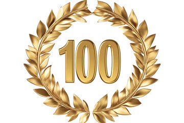 Golden number 100 encased in a laurel wreath, symbolizing perfection, achievement, and excellence in a classic and timeless design