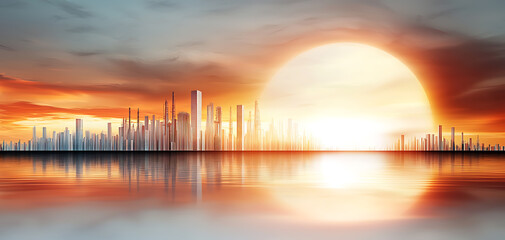 Fototapeta premium Sunset over urban skyline cityscape digital art waterfront panoramic view serenity and growth