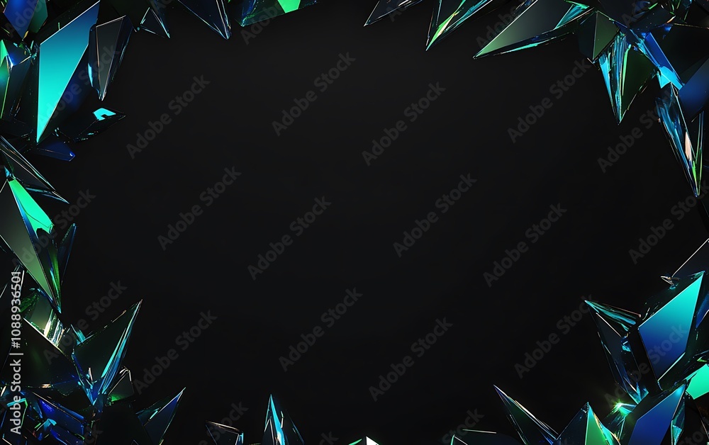 Poster abstract dark background with teal crystal frame.