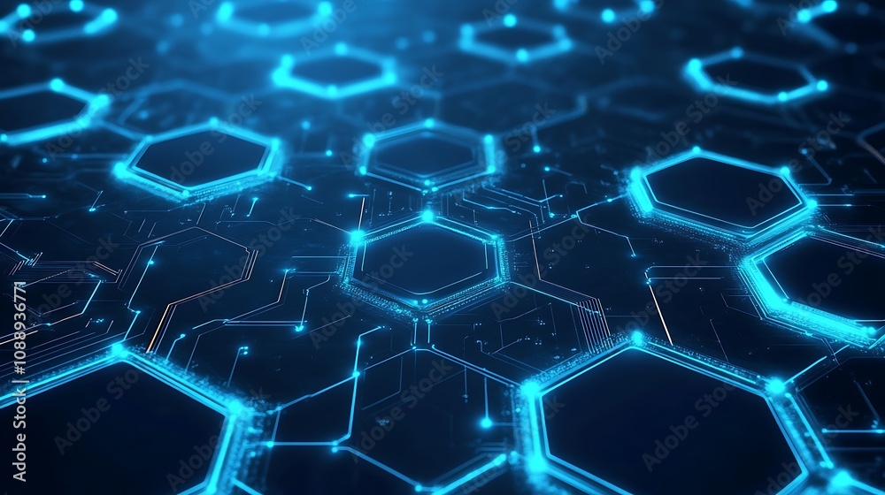 Poster abstract digital hexagonal network glowing blue technology background.