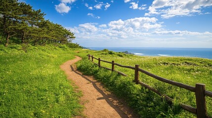 Scenic Coastal Trail Along Verdant Grass and Clear Blue Sky Near Ocean, Inviting Nature Walk Surrounded by Lush Greenery and Majestic Views