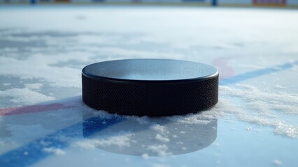 A photorealistic puck on ice mockup with detailed textures, scratches, and soft reflections.
