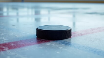 A stylish hockey texture mockup featuring a puck resting on ice with visible markings and scratches.