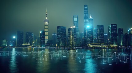 Fototapeta premium Digital icons representing SME business concepts overlaying a city skyline at night, symbolizing the growth and innovation in the modern business landscape.