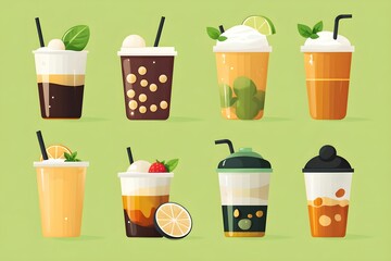 Set of bubble tea and various drinks, vector style