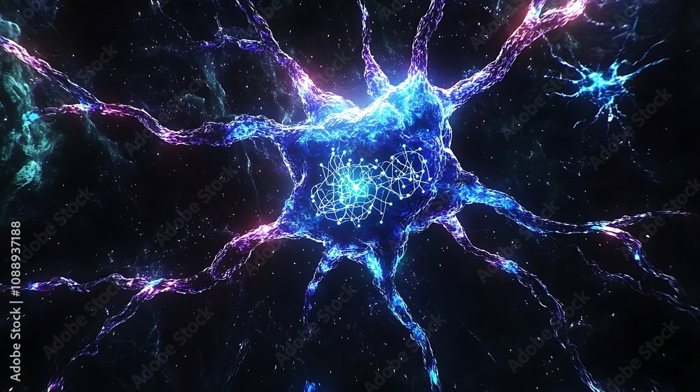 Aufkleber Abstract representation of a neuron, displaying intricate network of nerve cells, glowing in vibrant blues and purples against a dark background, showcasing complex neural connections.