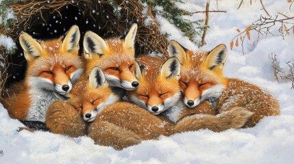 Fototapeta premium Family of Red Foxes Resting Together in a Snowy Environment, Capturing the Beauty of Wildlife and Nature's Serenity in a Winter Landscape