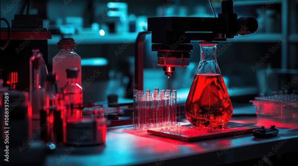 Poster nanotechnology research setup with a clear glass and red bottle on a table, illuminated by a red lig