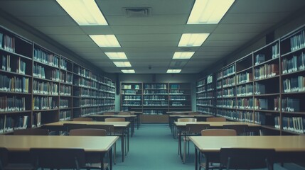 Spacious and Quiet Library Interior with Rows of Bookshelves and Tables for Study, Featuring Soft Lighting and a Calm Atmosphere
