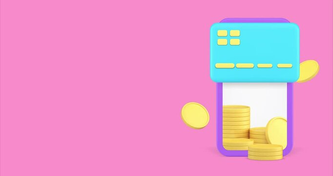 Online banking smartphone application card with coin cashback 3d icon animation. Money refund commercial business financial bonus for cashless shopping payment mobile phone app