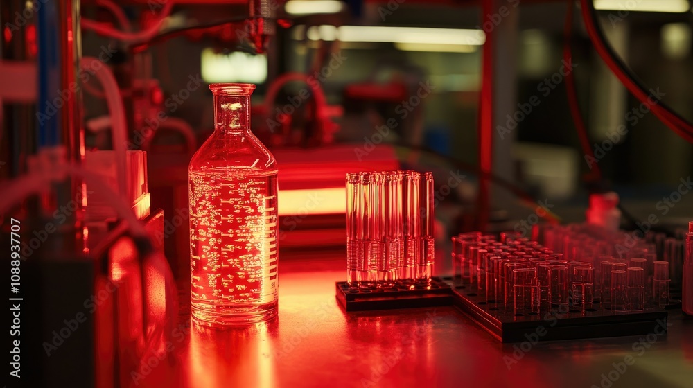 Poster nanotechnology research setup with a clear glass and red bottle on a table, illuminated by a red lig