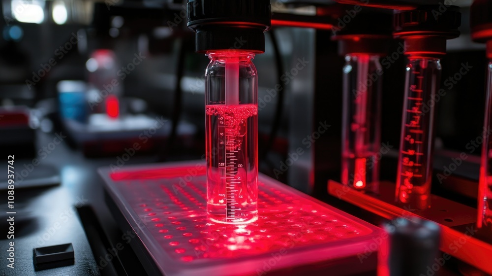 Poster nanotechnology research setup with a clear glass and red bottle on a table, illuminated by a red lig