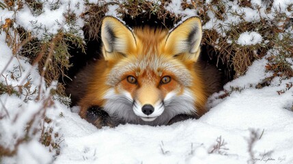 Fototapeta premium Red Fox Resting in Burrow Under the Snow, Conserving Energy in Winter Landscape With Soft Snow Cover and Natural Camouflage