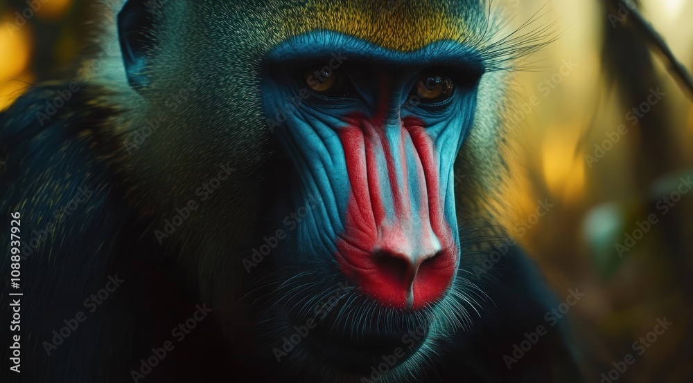 Poster a close-up portrait of a colorful baboon in a natural setting.