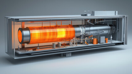 Obraz premium detailed 3D rendered diagram of industrial turbine system, showcasing its internal components and glowing energy flow, illustrating complexity and efficiency of modern engineering