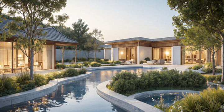 An elegant modern home exterior with a serene water feature and lush landscaping, creating a tranquil atmosphere for the real estate industry.