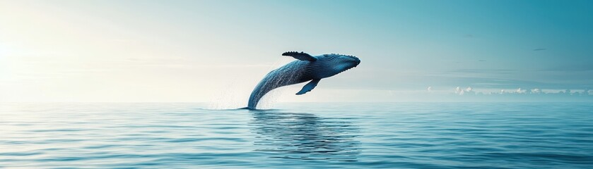 Fototapeta premium A majestic whale leaps gracefully out of the ocean, showcasing its strength and beauty against a serene, misty backdrop.