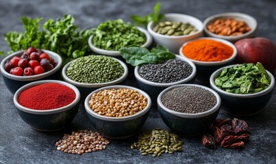 Fototapeta premium A vibrant assortment of fresh fruits, vegetables, seeds, and superfoods , healthy, nutrition, ingredients